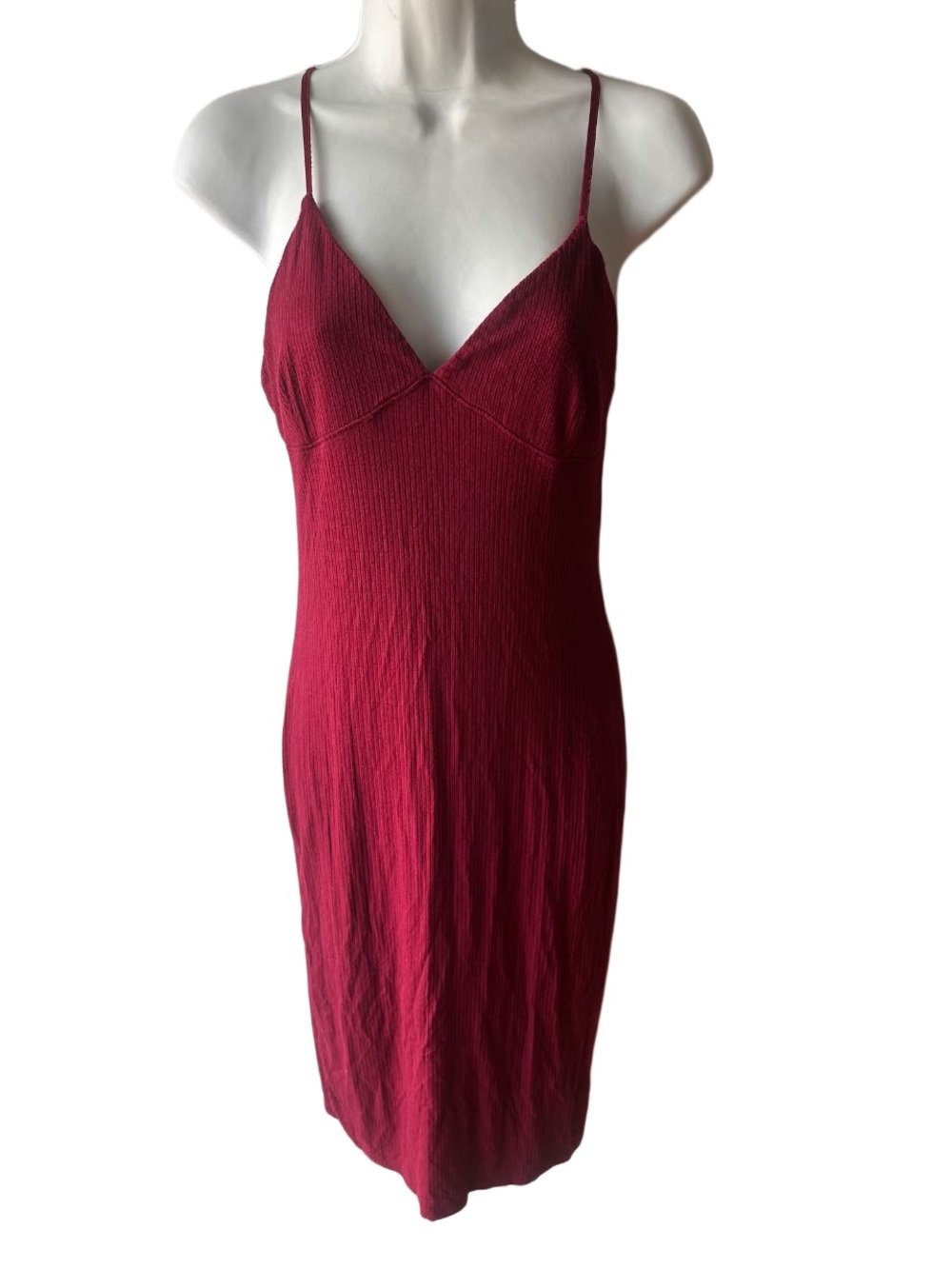 Bozzolo Burgundy Ribbed Midi Dress Size M Spaghetti Strap V Neck Bodycon Fit